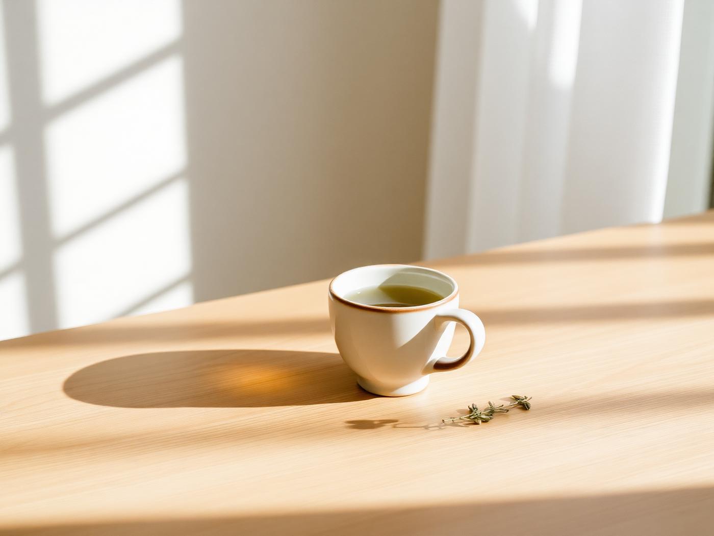 Een kop kruidenthee op een lichte houten tafel in de ochtendzon